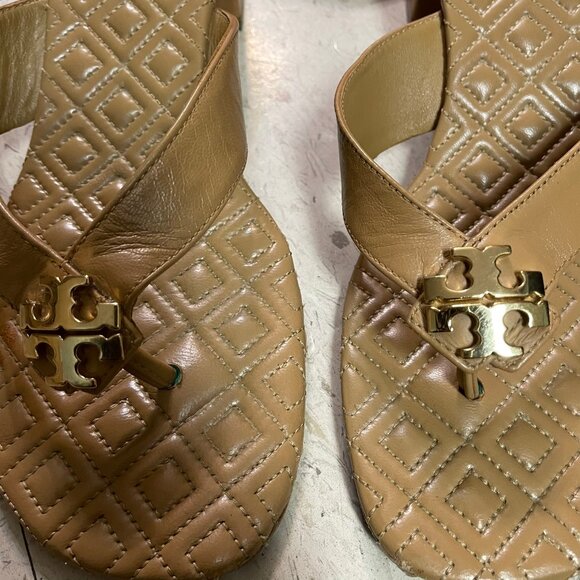 TORY BURCH Beige Nude Quilted Thong Mule Sandals Block Heel *RARE - Picture 3 of 14